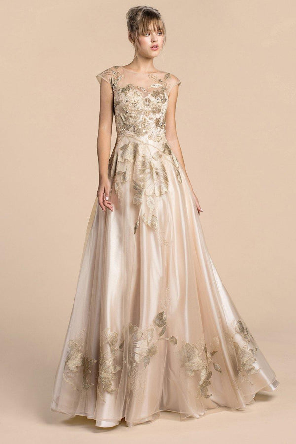 Andrea & Leo CDA0081 Metallic Flora Long Prom Dress Champagne