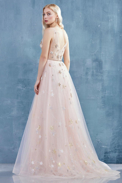 Andrea & Leo CDA0827 Starry Beaded Long Prom Dress Blush