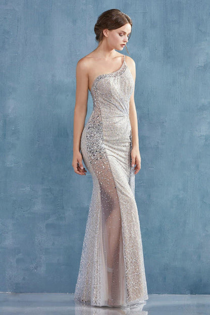 Andrea & Leo CDA0975 Long Sexy Prom Dress Evening Gown Silver/Nude