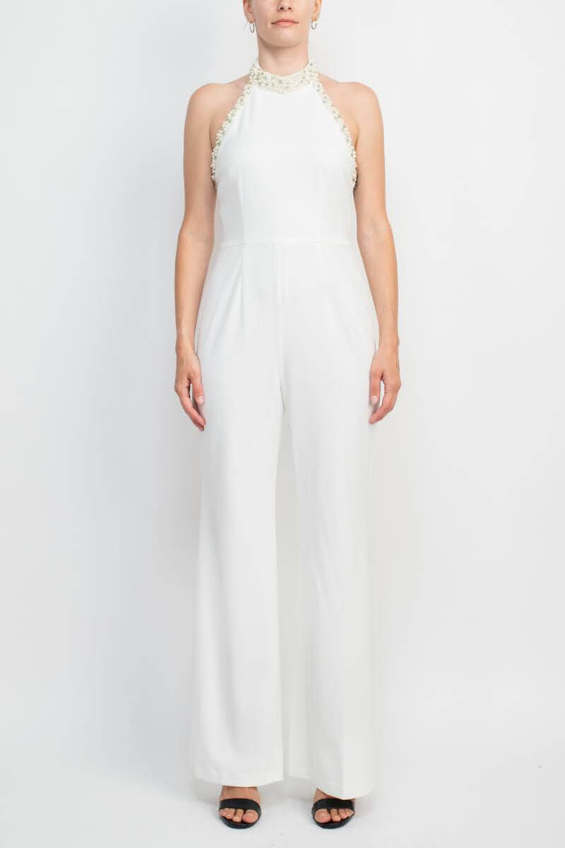 Adrianna Papell AP1E204372 Embellished Halter Neck Open Jumpsuit