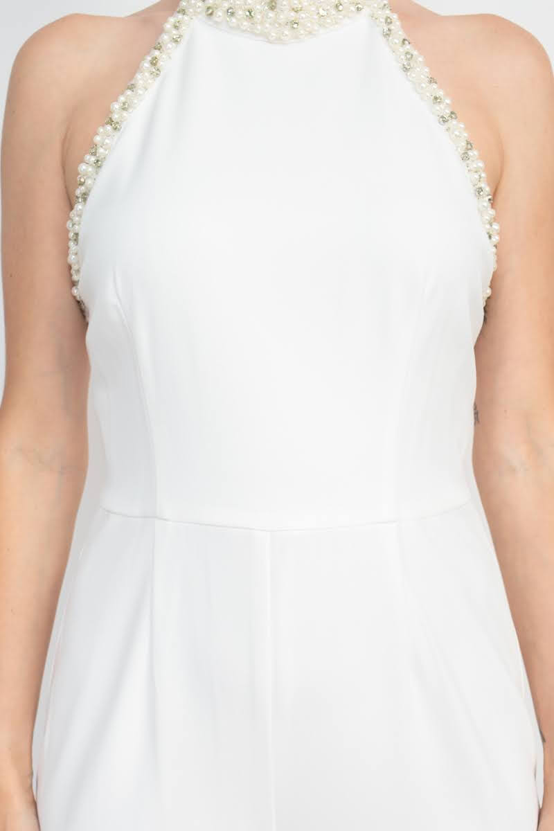 Adrianna Papell AP1E204372 Embellished Halter Neck Open Jumpsuit
