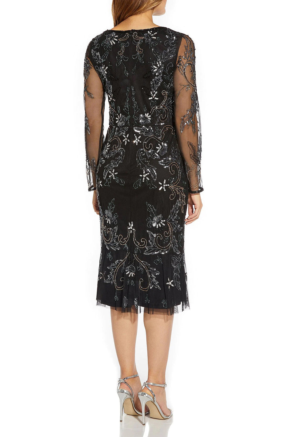 Adrianna Papell AP1E209159 Fitted Long Sleeve Beaded Cocktail Midi Dress