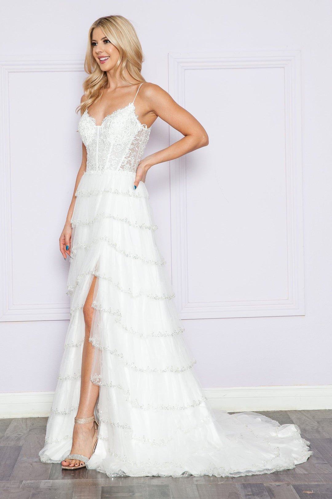 Off White V-Neck Glitter Floor Length Mesh Gown with Slit and Tiered Ruffle Skirt Poly USA 9404