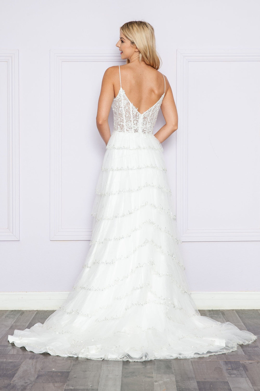 Off White V-Neck Glitter Floor Length Mesh Gown with Slit and Tiered Ruffle Skirt Poly USA 9404