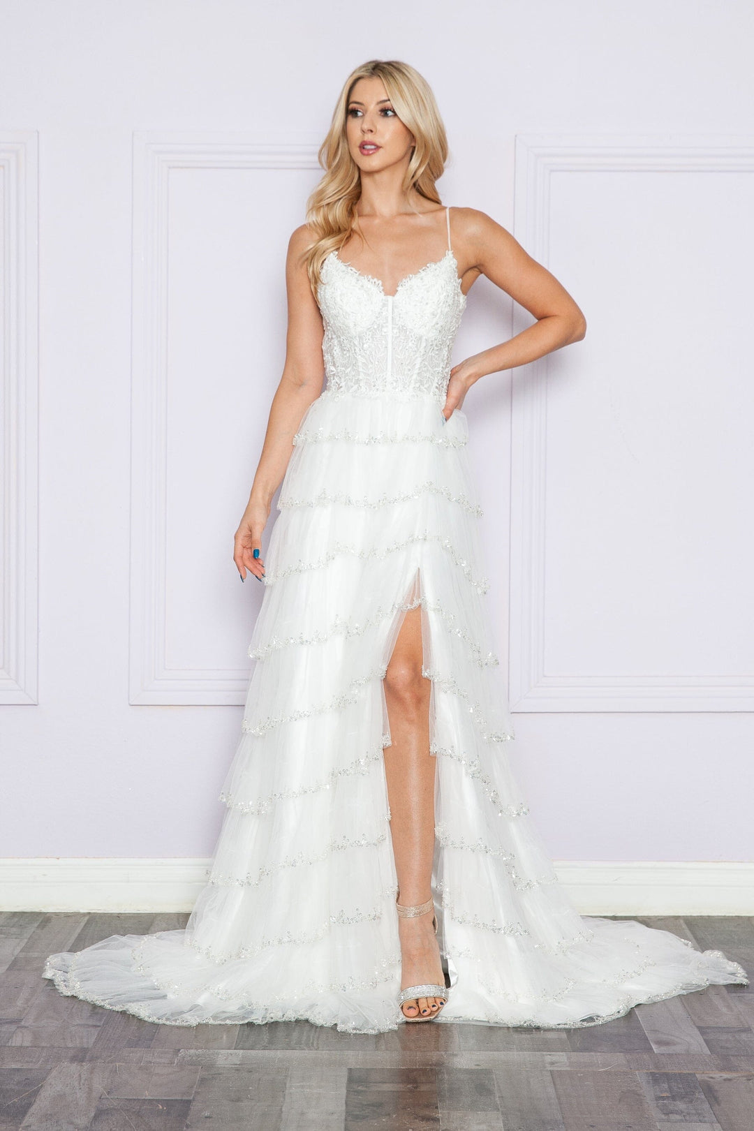 Off White V-Neck Glitter Floor Length Mesh Gown with Slit and Tiered Ruffle Skirt Poly USA 9404