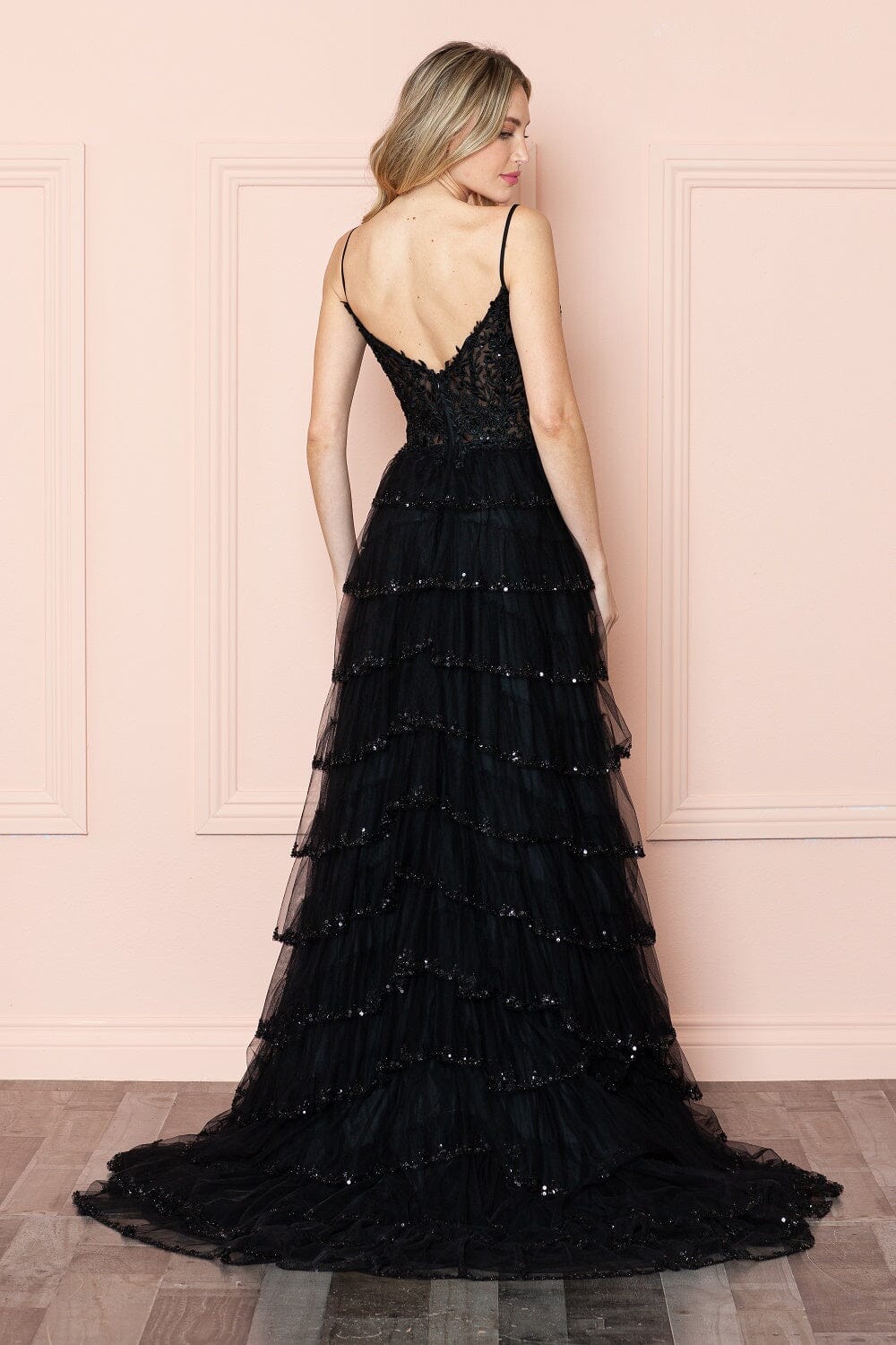 Black V-Neck Floor Length Glitter Mesh Gown with Slit and Tiered Ruffle Skirt Poly USA 9404