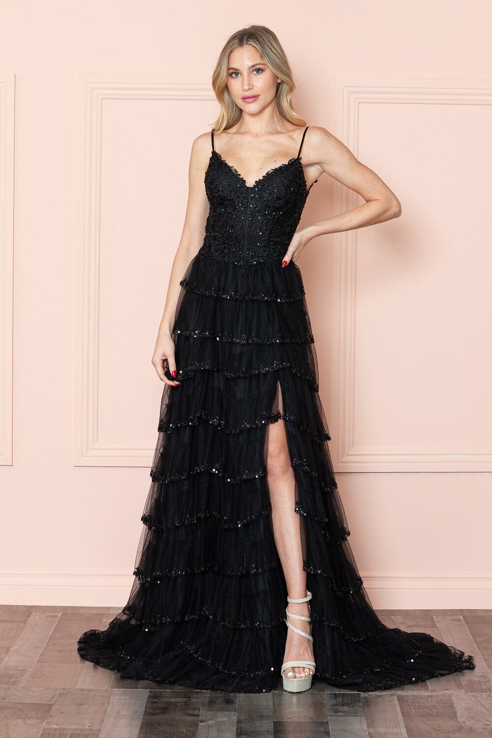 Black V-Neck Floor Length Glitter Mesh Gown with Slit and Tiered Ruffle Skirt Poly USA 9404