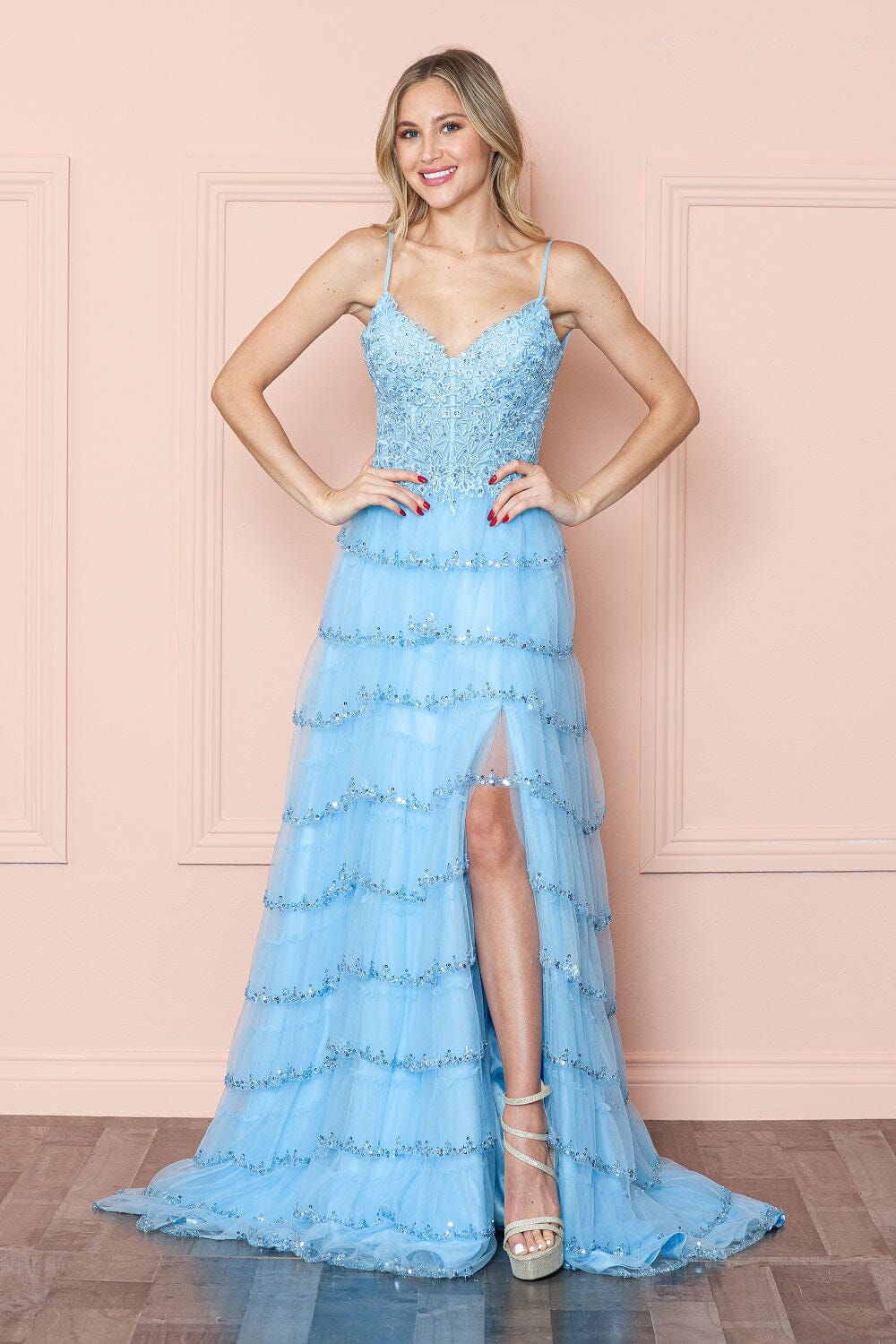 Blue V-Neck Floor Length Glitter Mesh Gown with Slit and Tiered Ruffle Skirt Poly USA 9404