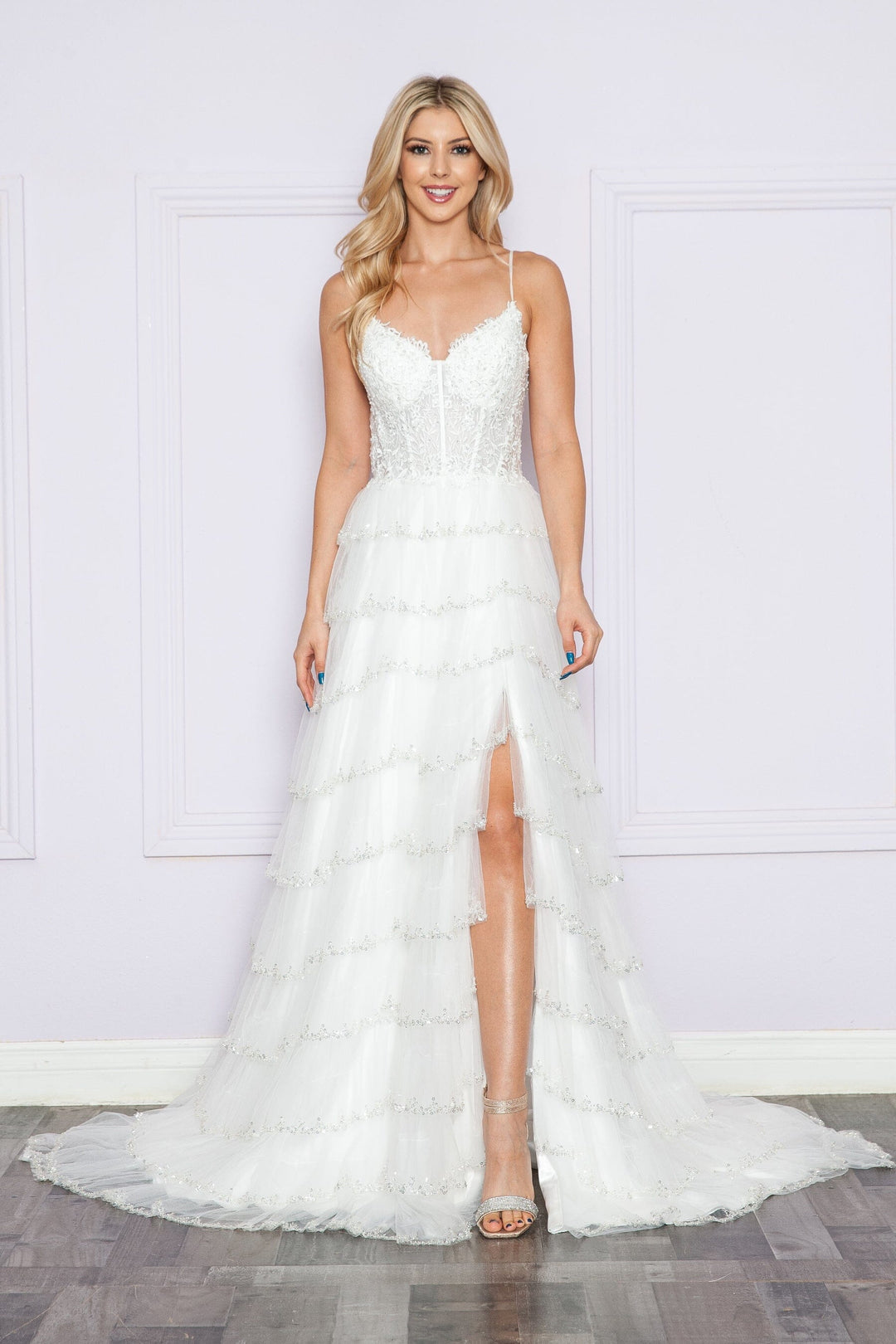Off White V-Neck Glitter Floor Length Mesh Gown with Slit and Tiered Ruffle Skirt Poly USA 9404