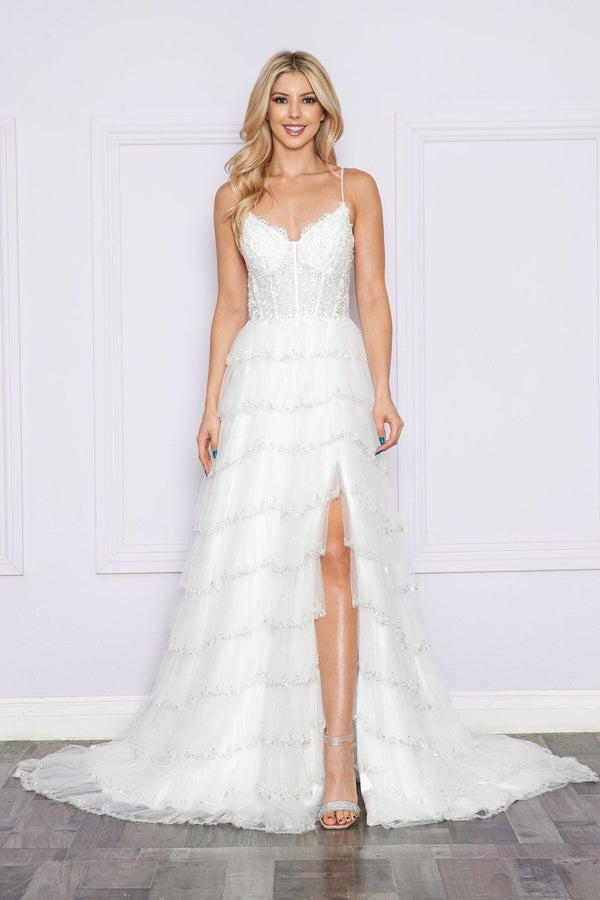 V-Neck Glitter Floor Length Mesh Gown with Slit and Tiered Ruffle Skirt Poly USA 9404