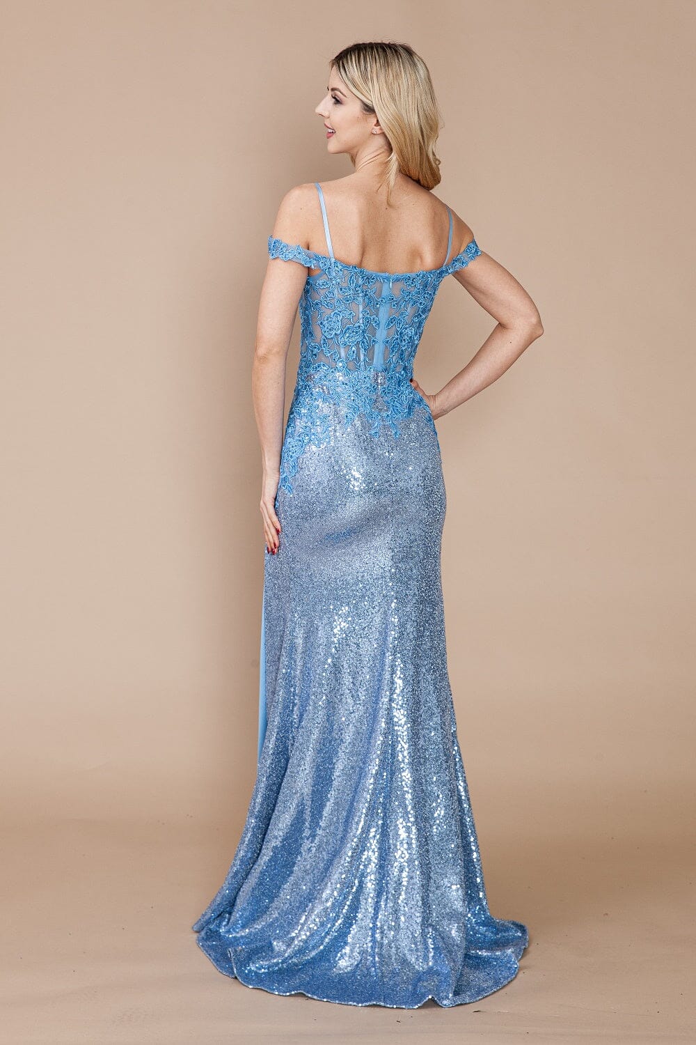 Blue Applique Cold Shoulder Sequin Slit Gown Floor-Length Formal Gown Poly USA 9398