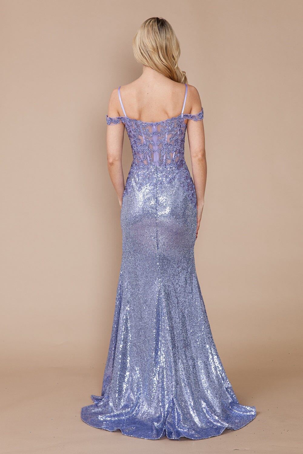 Lavender Applique Cold Shoulder Sequin Slit Gown Floor-Length Formal Gown Poly USA 9398