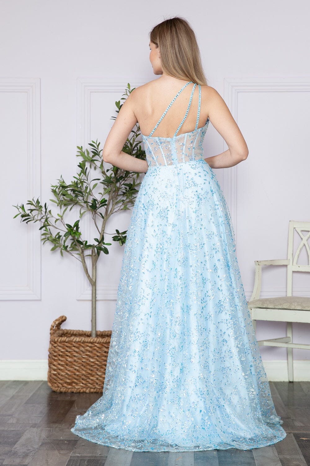 Blue One Shoulder Floor Length Sequin Prom Dress with Illusion Corset Formal Gown Poly USA 9372