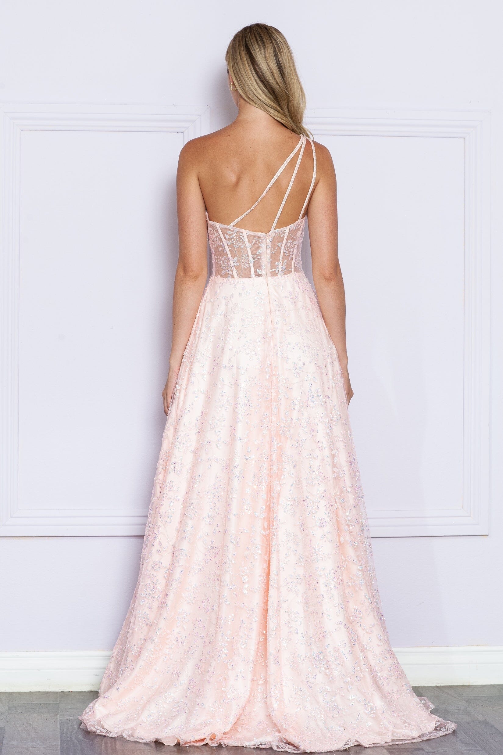 Peach One Shoulder Floor Length Sequin Prom Dress with Illusion Corset Formal Gown Poly USA 9372