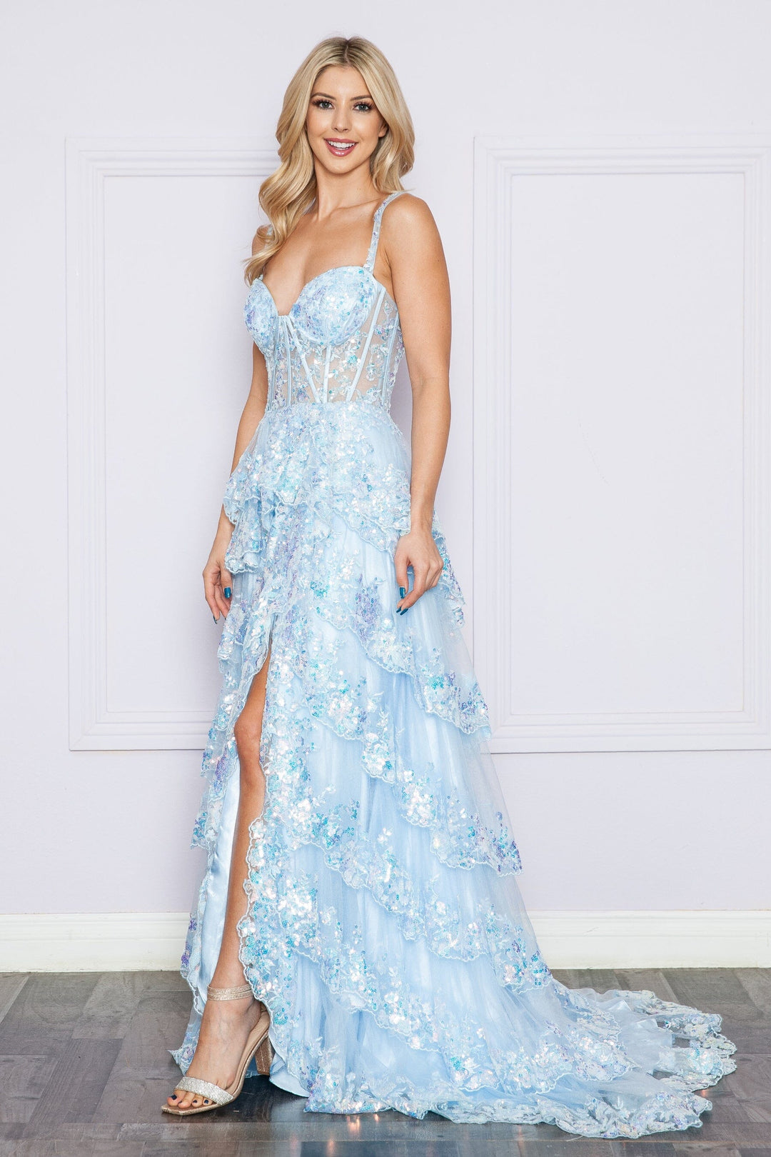 Blue Applique Sleeveless Floor-Length Sequin Gown with High Slit Formal Gown Poly USA 9410