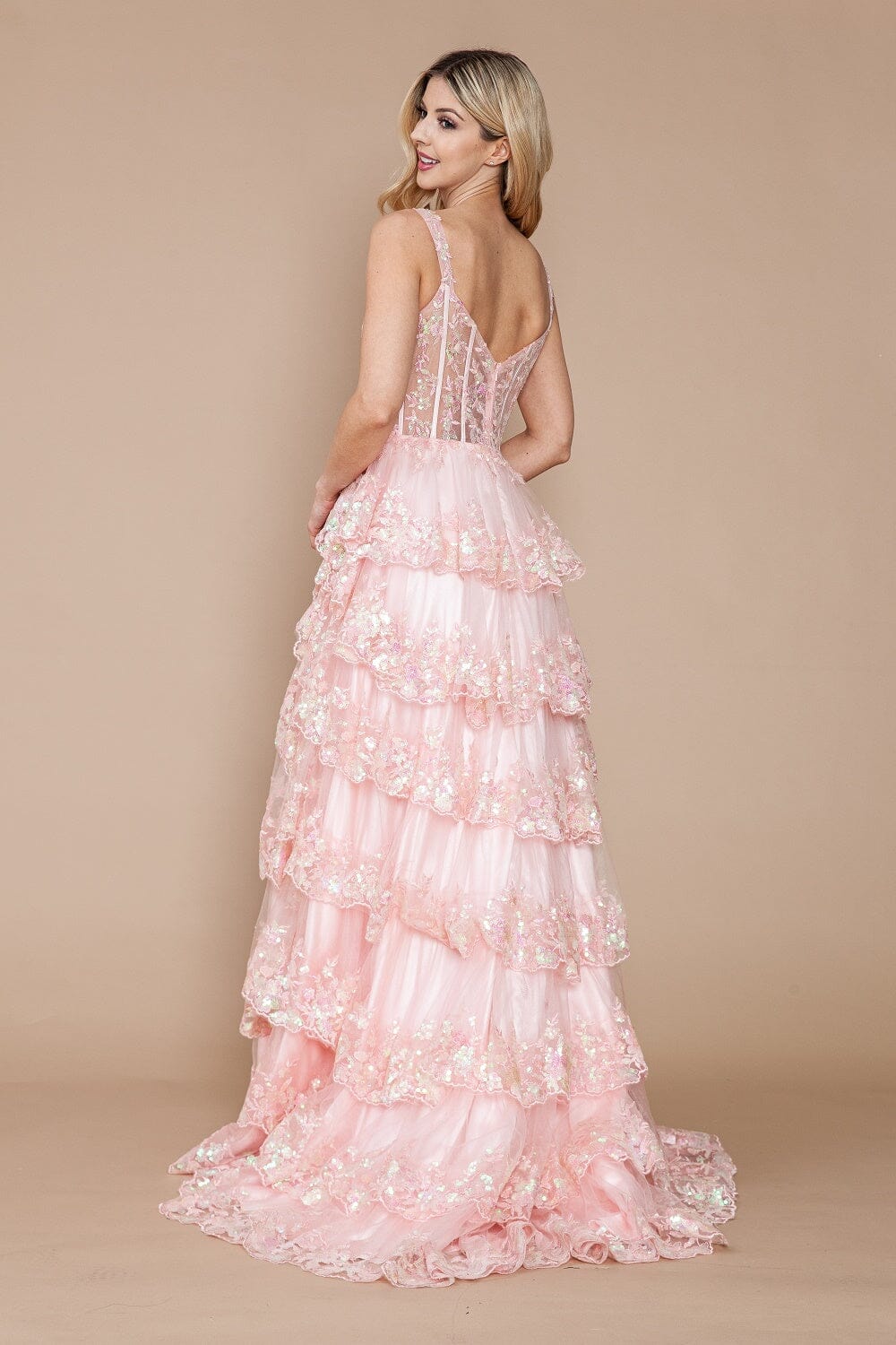 Blush Applique Sleeveless Floor-Length Sequin Gown with High Slit Formal Gown Poly USA 9410