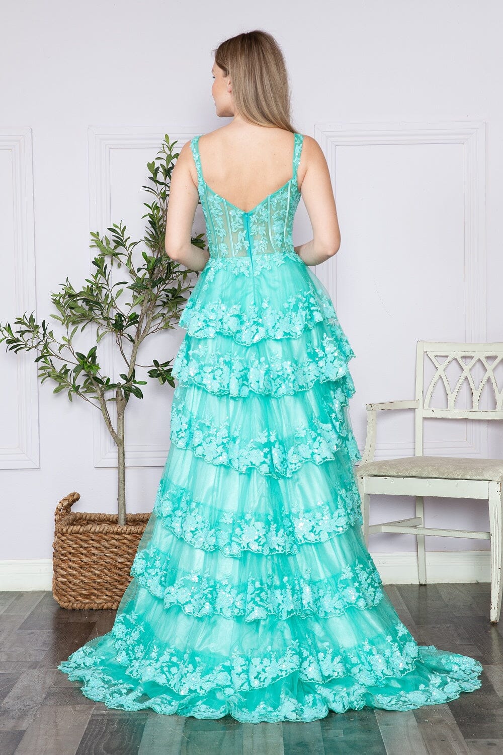 Light Green Applique Sleeveless Floor-Length Sequin Gown with High Slit Formal Gown Poly USA 9410