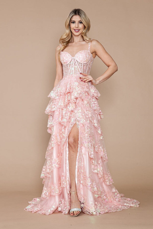 Applique Sleeveless Floor-Length Sequin Gown with High Slit Formal Gown Poly USA 9410