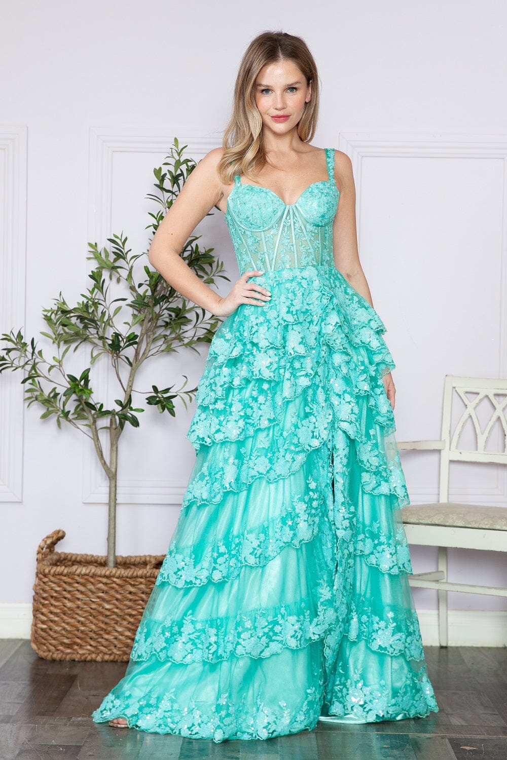 Light Green Applique Sleeveless Floor-Length Sequin Gown with High Slit Formal Gown Poly USA 9410