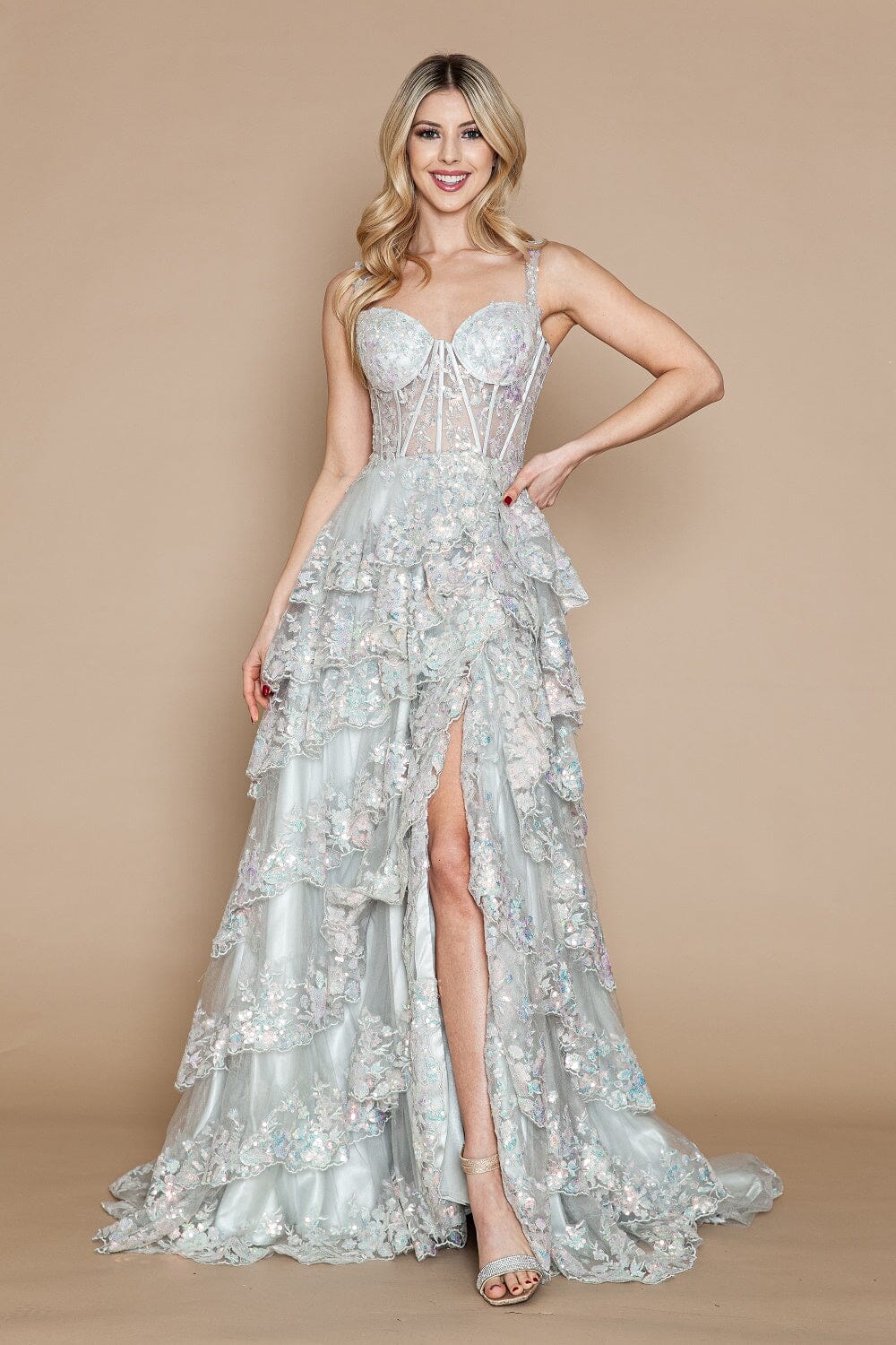 Silver Applique Sleeveless Floor-Length Sequin Gown with High Slit Formal Gown Poly USA 9410