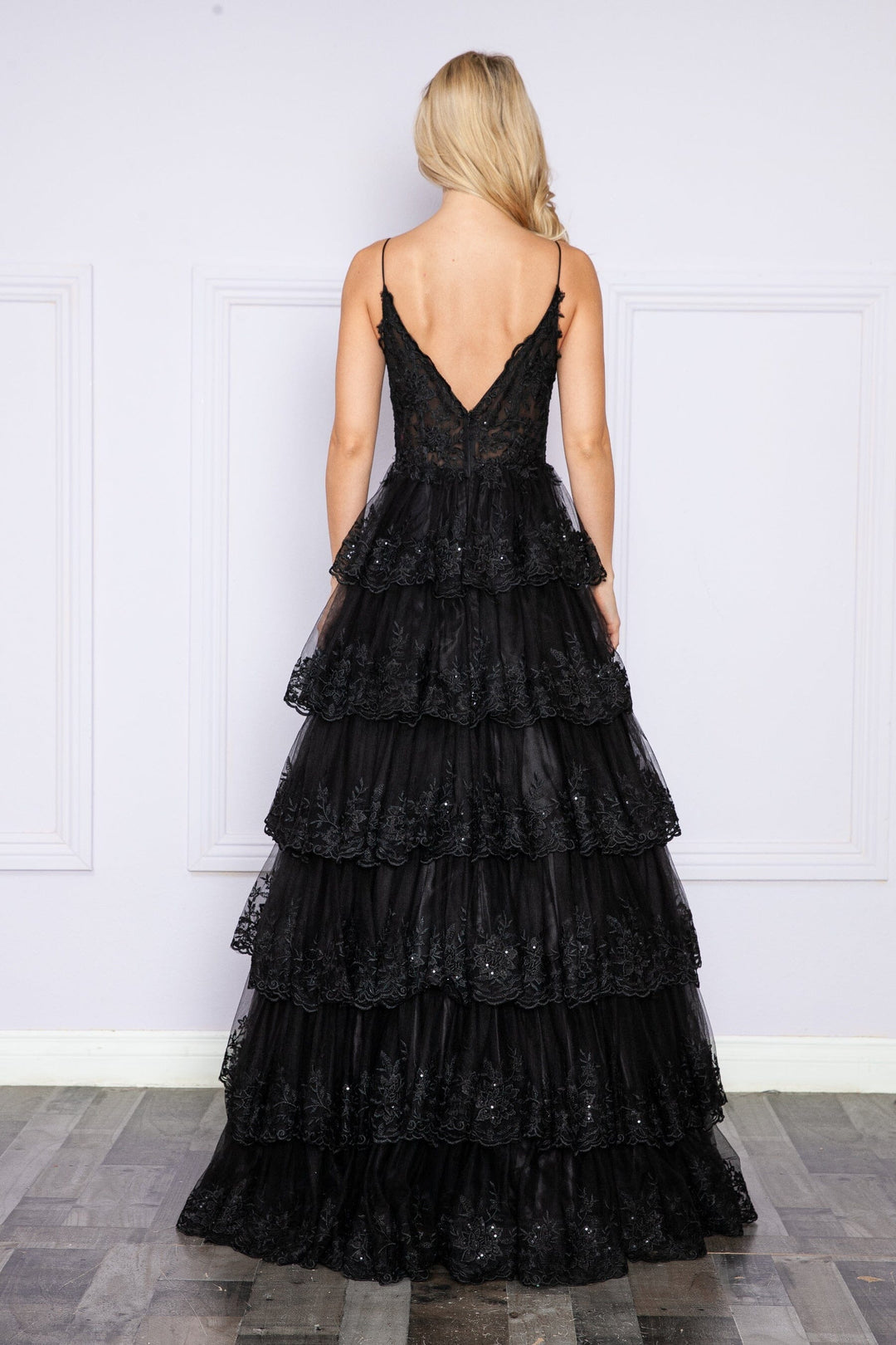Black Applique Sleeveless Tiered Layered Gown with Slit Prom Dress Poly USA 9402 Poly USA 9402