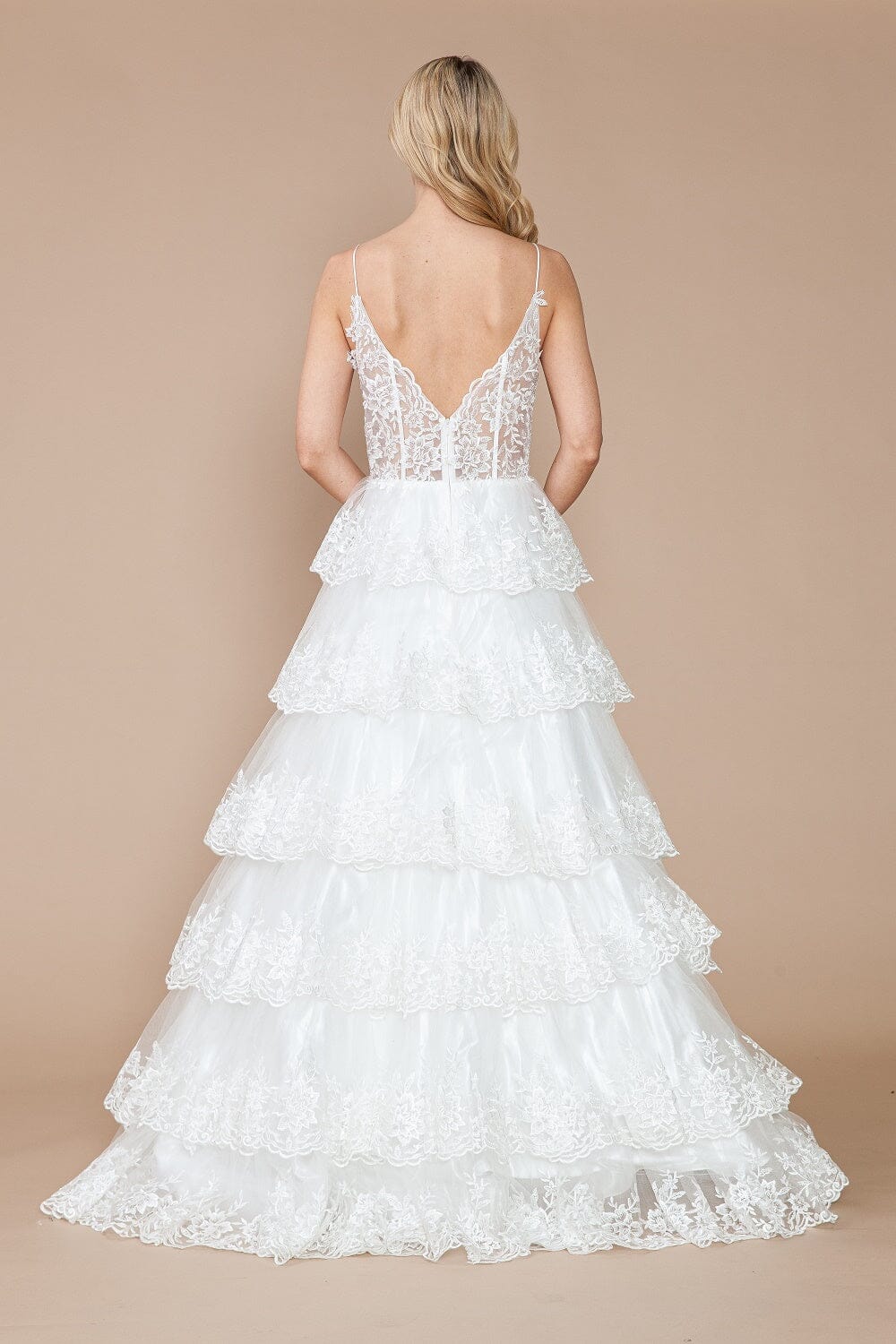 Off White Applique Sleeveless Tiered Layered with Slit Wedding Dress Poly USA 9402