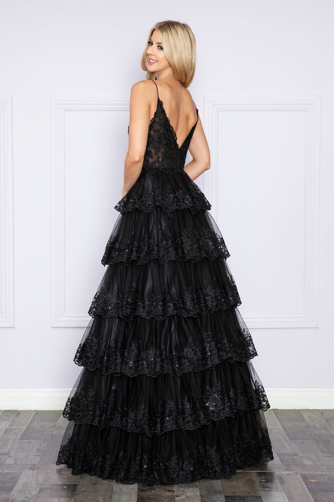 Black Applique Sleeveless Tiered Layered Gown with Slit Prom Dress Poly USA 9402 Poly USA 9402