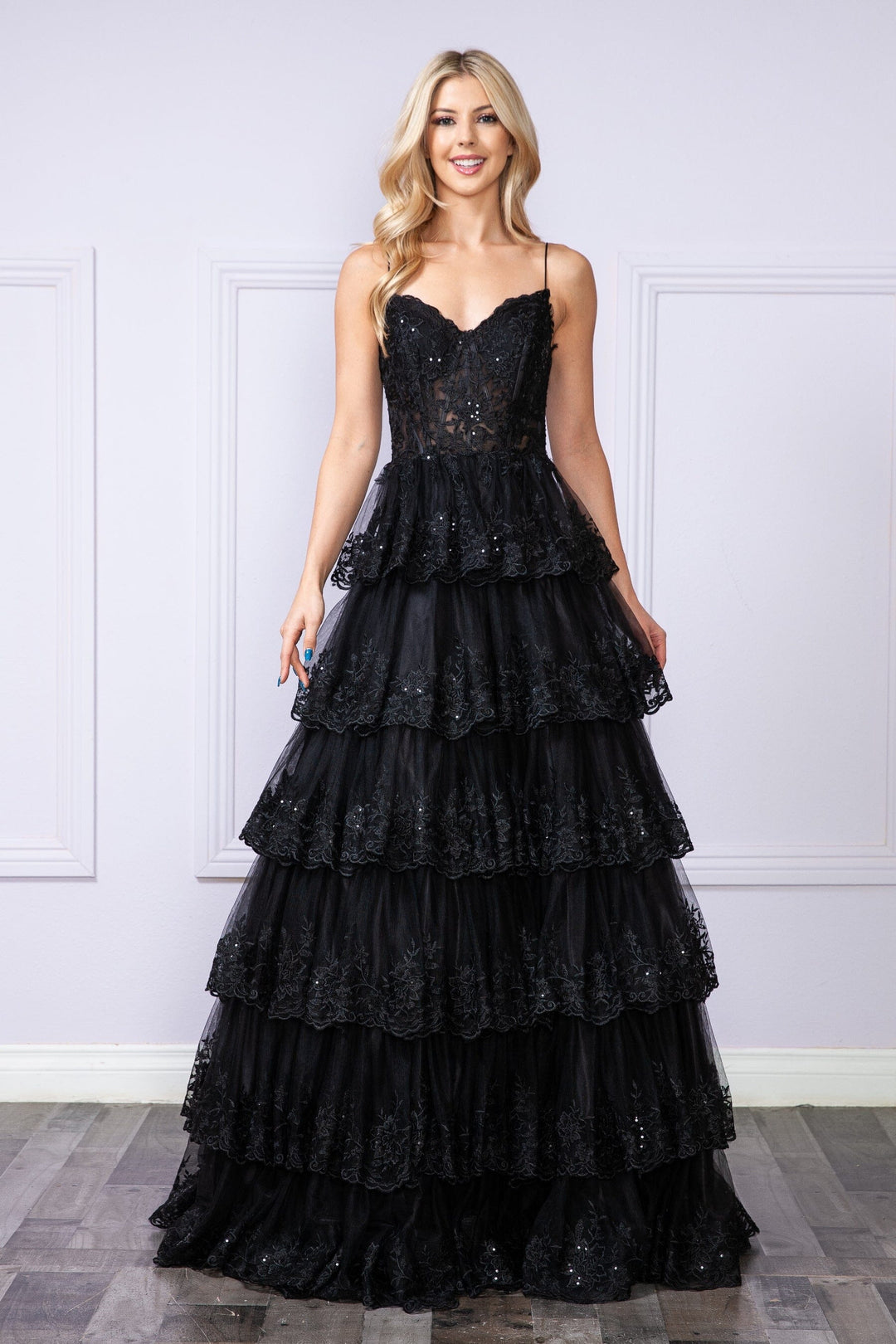 Black Applique Sleeveless Tiered Layered Gown with Slit Prom Dress Poly USA 9402 Poly USA 9402