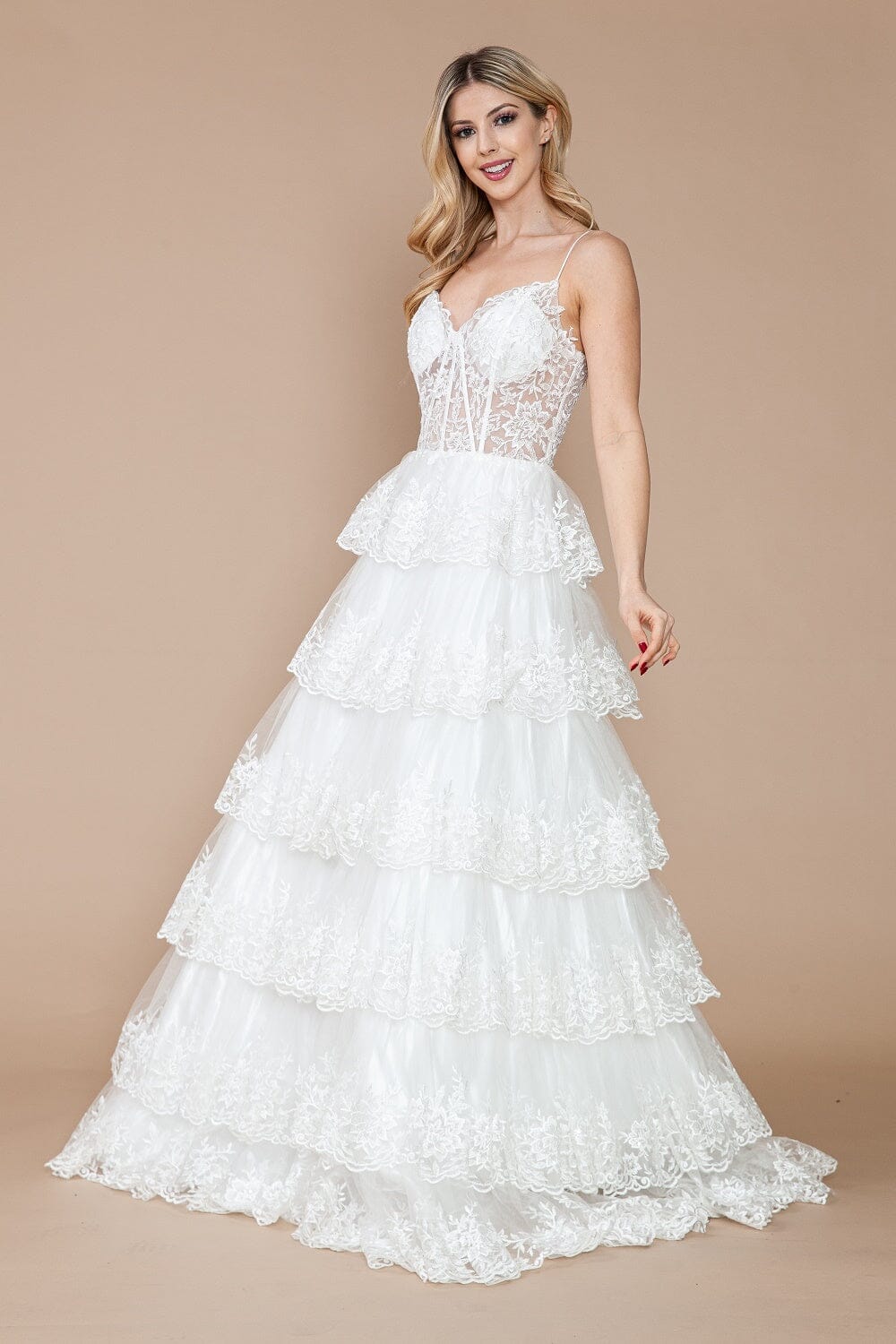 Applique Sleeveless Tiered Layered with Slit Wedding Dress Poly USA 9402