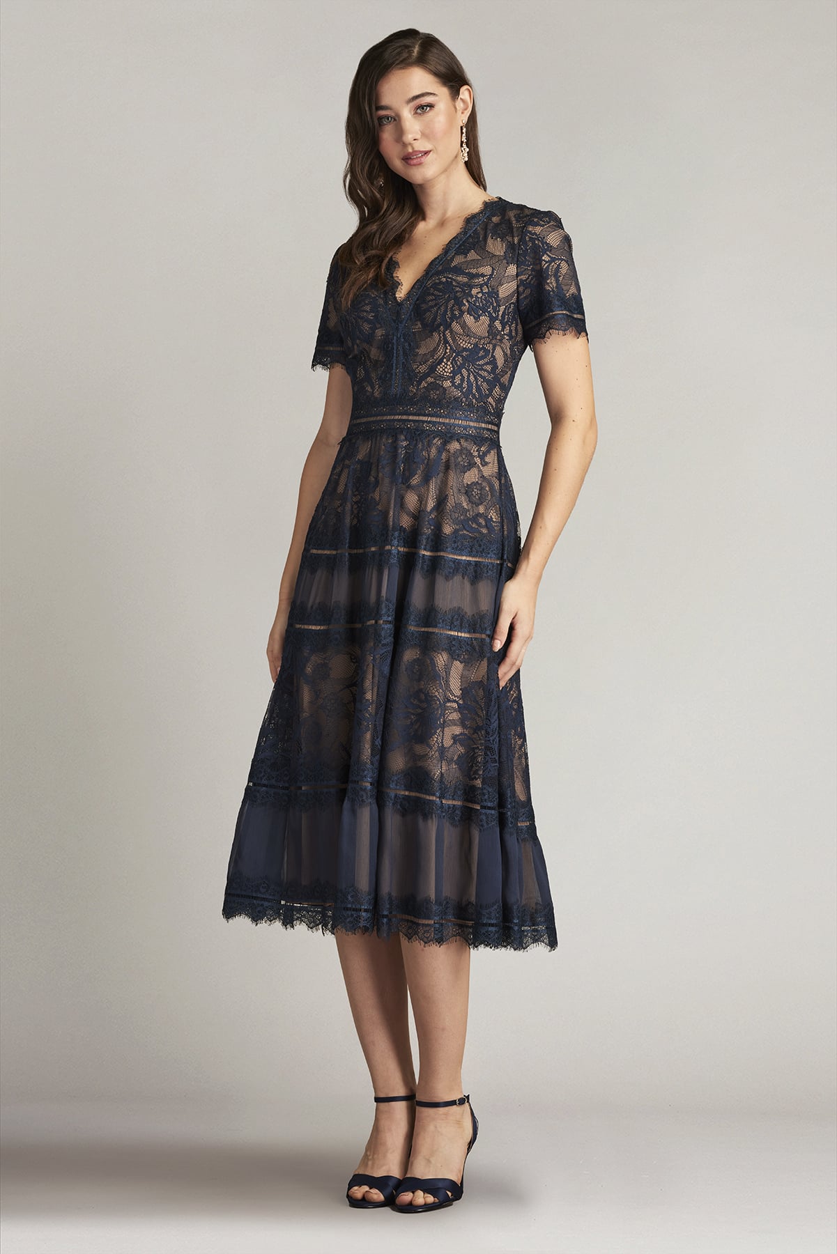 Navy/Nude V-Neck Tea-Length Lace Cocktail Dress with Illusion Flutter Sleeves Tadashi Shoji AWI20506MD