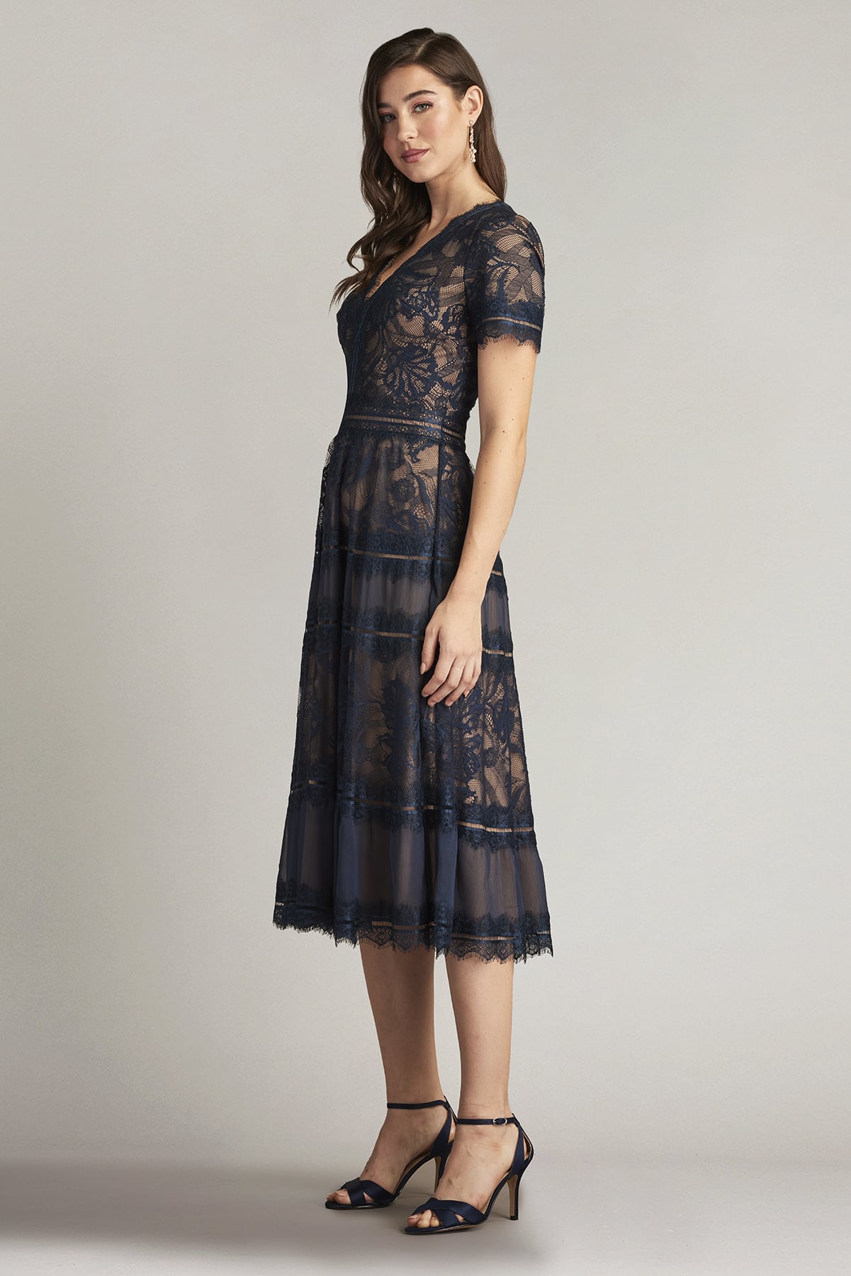 V-Neck Tea-Length Lace Cocktail Dress Flutter Sleeves Tadashi