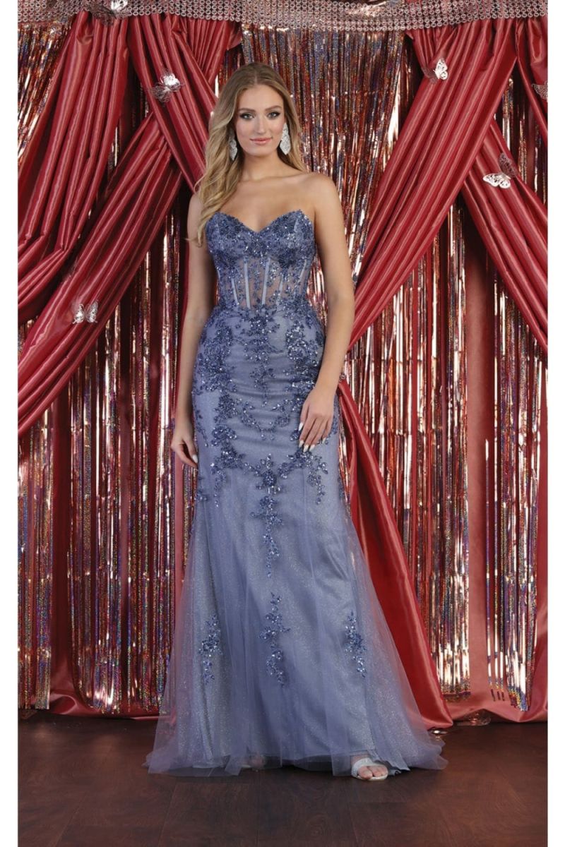 Dusty Blue Sweetheart Floor-Length Tulle Prom Dress Corset May Queen RQ8013