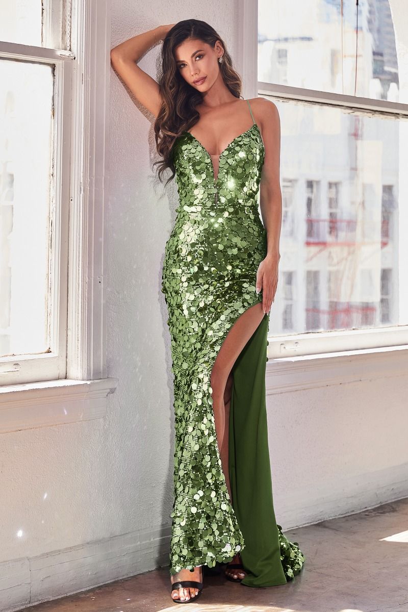 LaDivine B1141 Long Spaghetti Strap Fitted Paillette Prom Dress