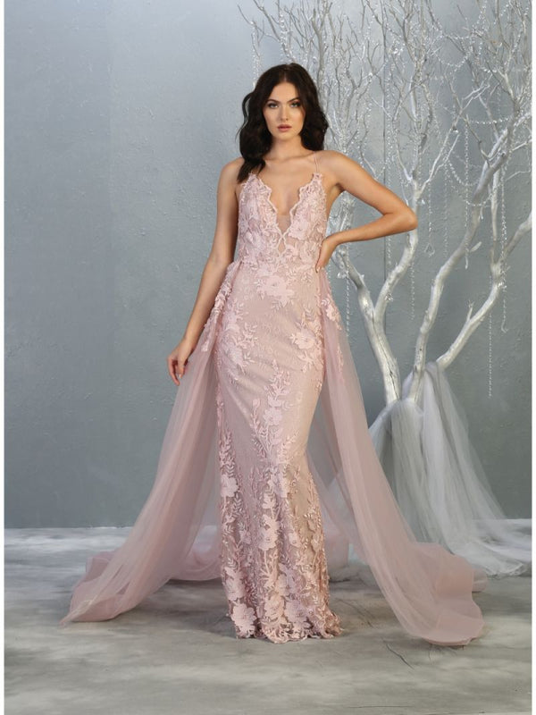 V-Neck Floor-Length Lace Prom Dress Overskirt May Queen RQ7823