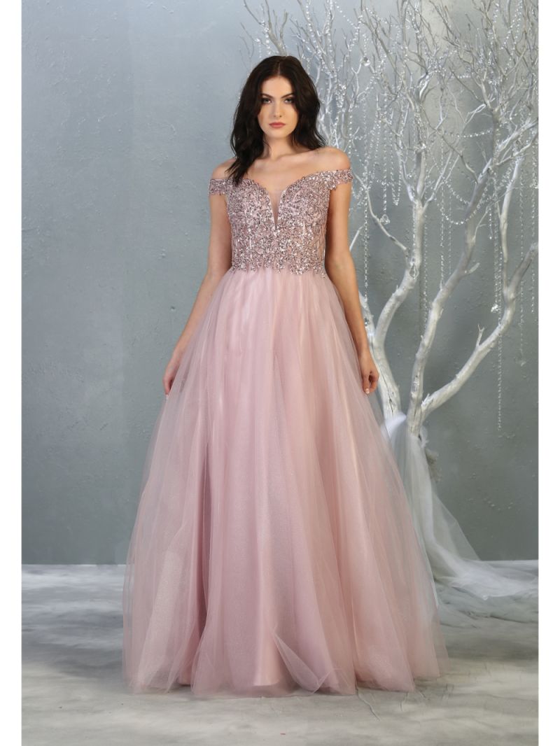 Rose Gold Off-the-Shoulder Floor-Length Tulle Prom Dress May Queen RQ7864