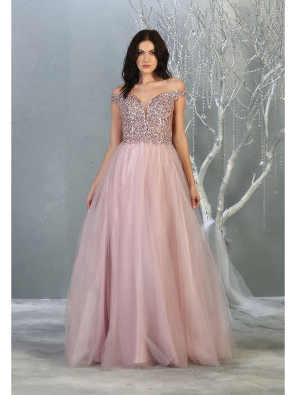 Off-the-Shoulder Floor-Length Tulle Prom Dress May Queen RQ7864