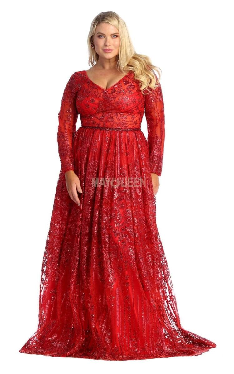 V-Neck Floor-Length Lace Evening Gown A-Line May Queen RQ7920
