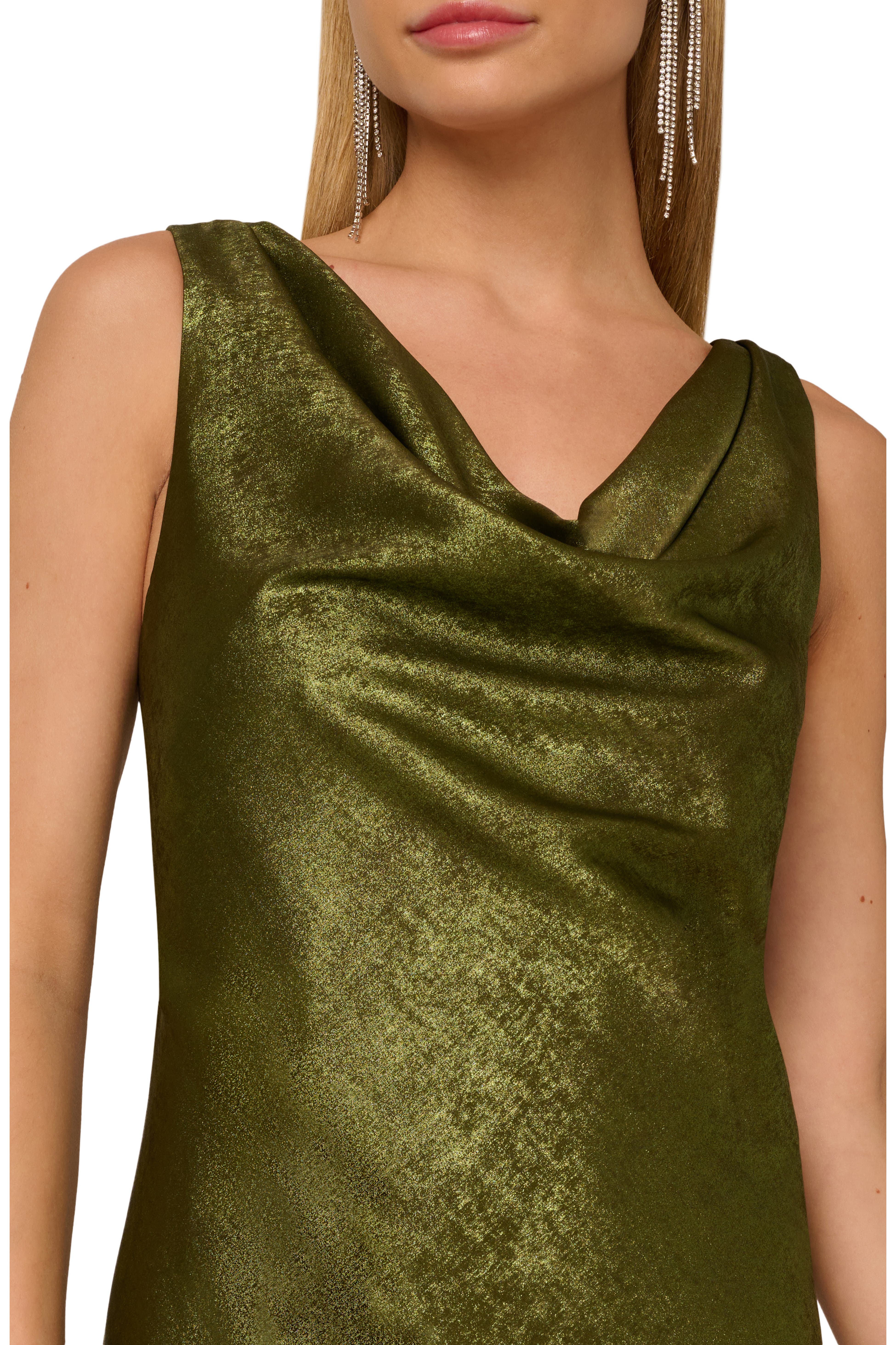 Dark Olive Adrianna Papell ADAE212451 Cowl Neck Floor-Length Metallic Jacquard Formal Gown