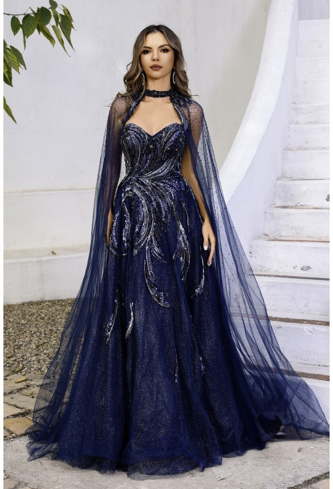 Prom Dresses A Line Long  Ball Gown Formal Beaded Prom Dress Navy