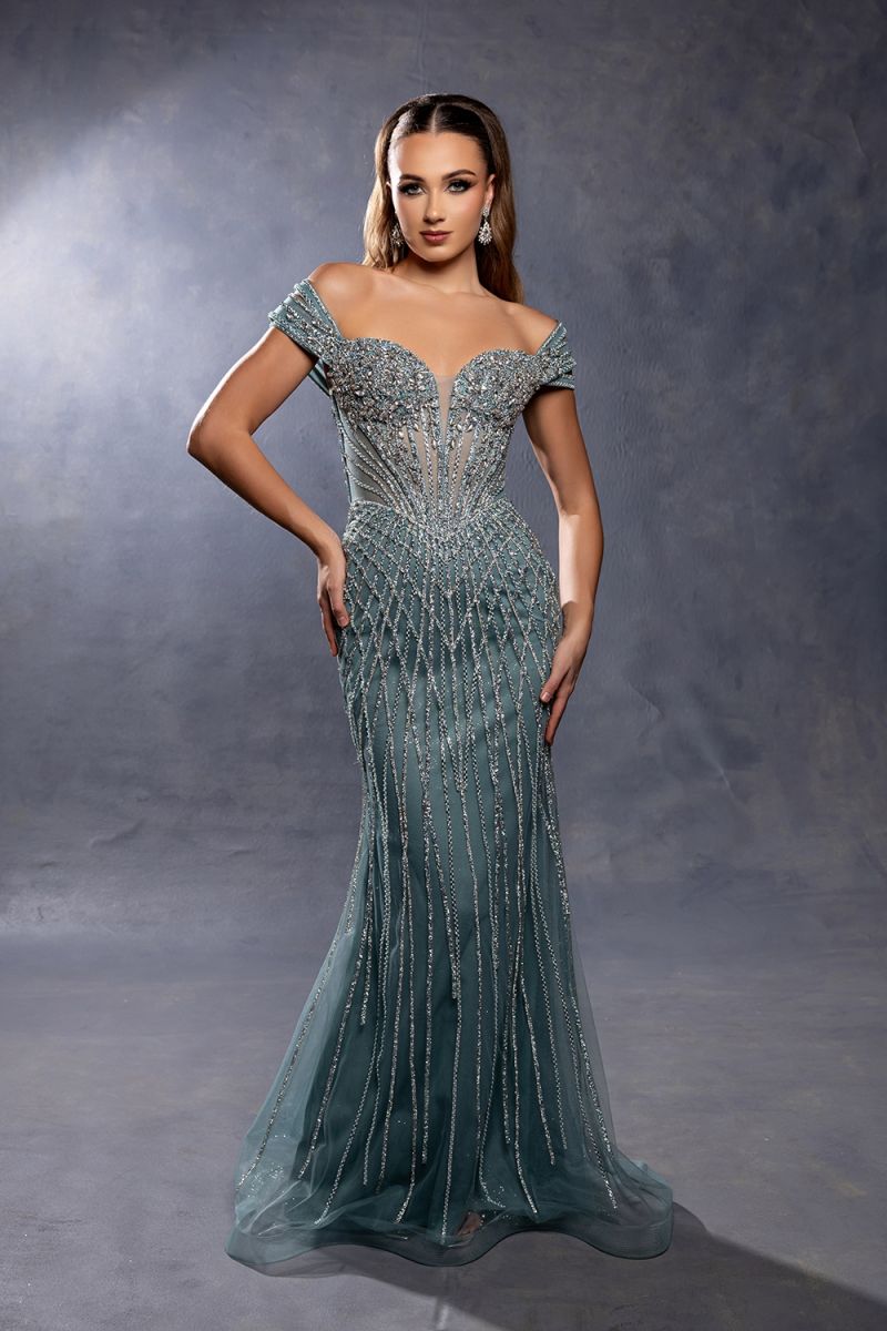 Sage Off-the-Shoulder Floor-Length Mesh Prom Corset Dress May Queen RQ8267