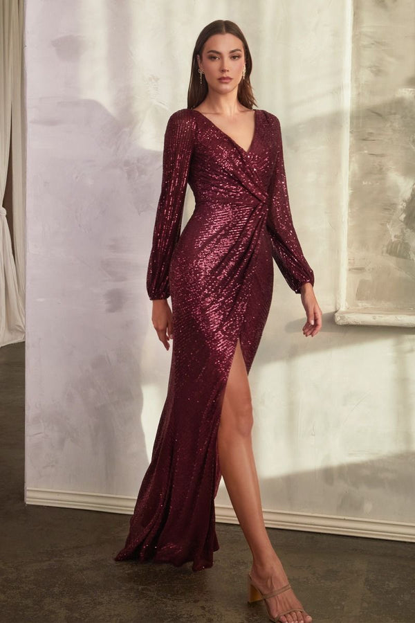 Prom Dresses Long Sleeve Formal Prom Sequin Dress Burgundy