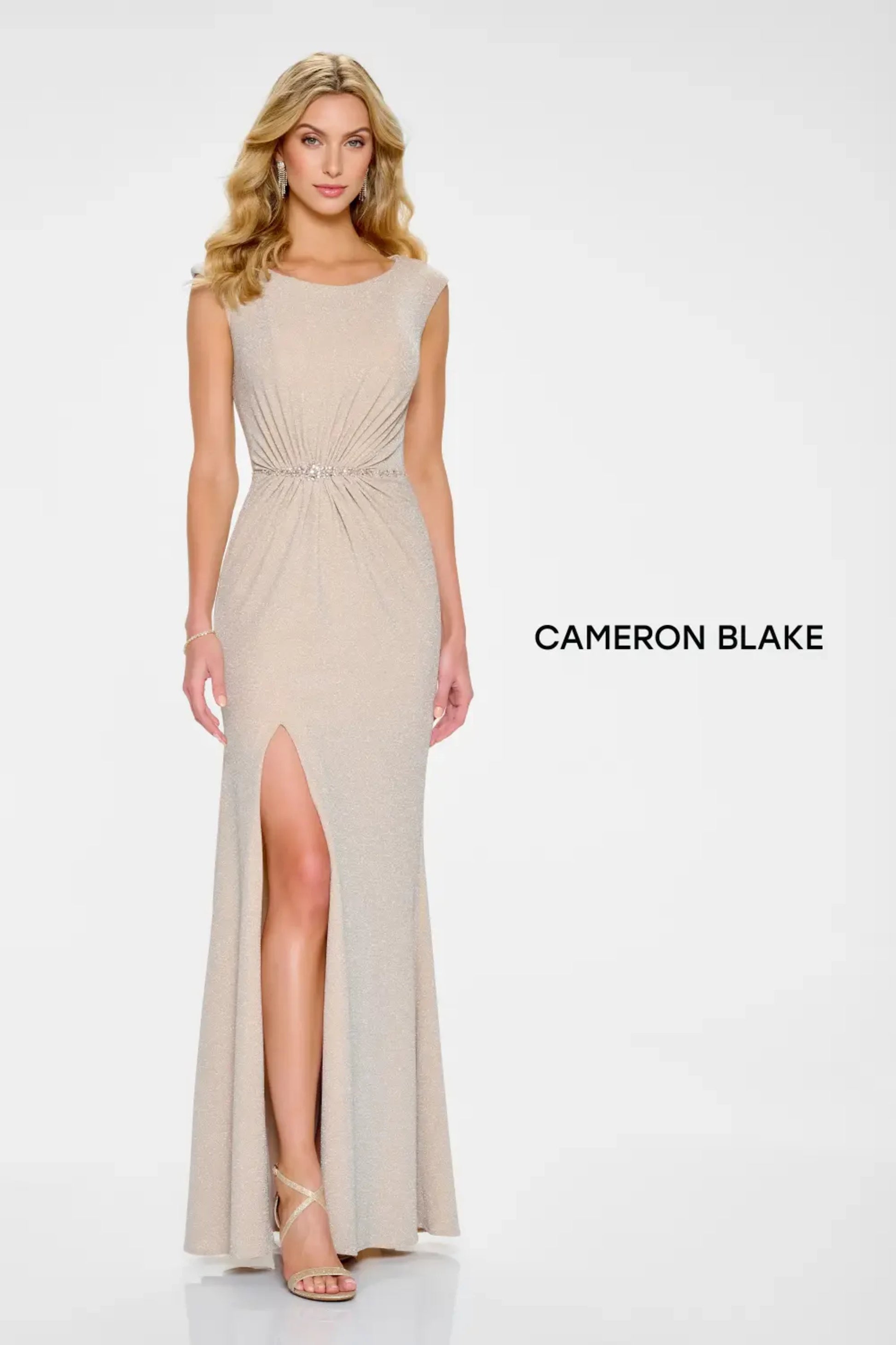 Cameron Blake CB201 Beaded Long Formal Slit Evening Gown