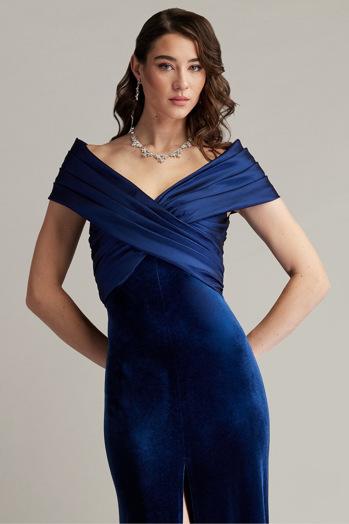 Formal Dresses Pleated Long Formal Velvet Evening Dress Navy