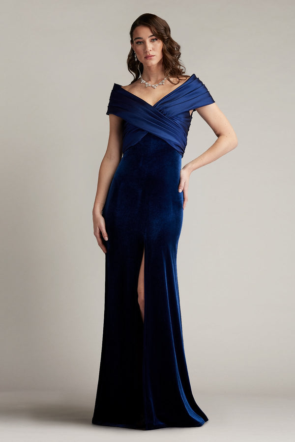 Tadashi Shoji BAL24730L Pleated Long Formal Velvet Evening Dress