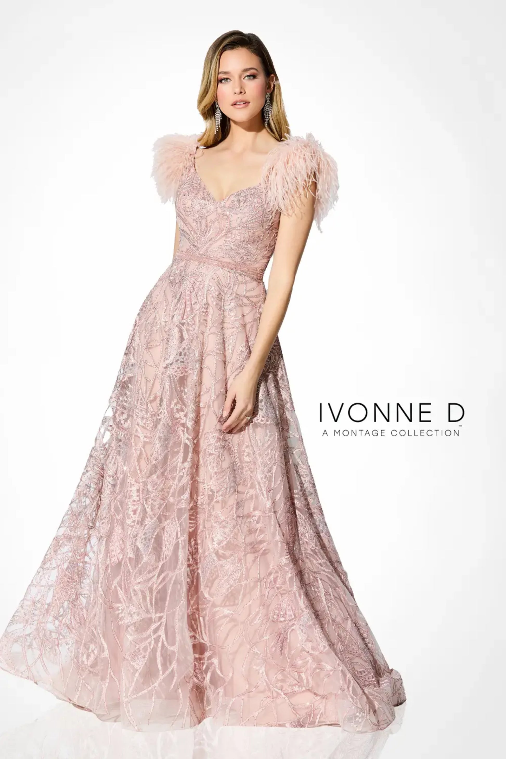 Ivonne D ID906 Long Ball Gown Feather Lace  Evening Dress
