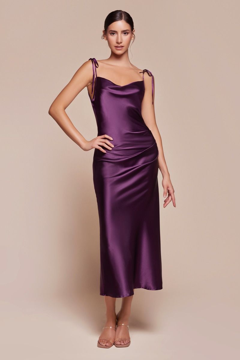 LaDivine BD103 Homecoming Midi Cocktail Dress in Eggplant