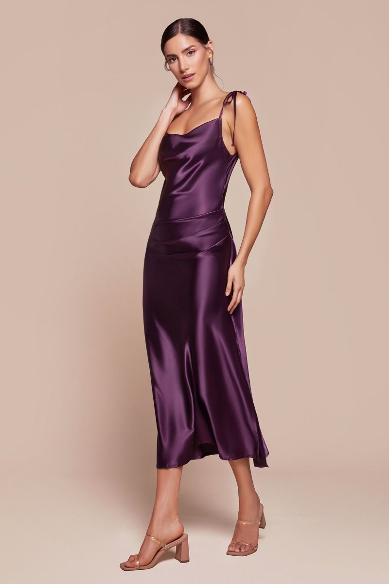 LaDivine BD103 Homecoming Midi Cocktail Dress in Eggplant
