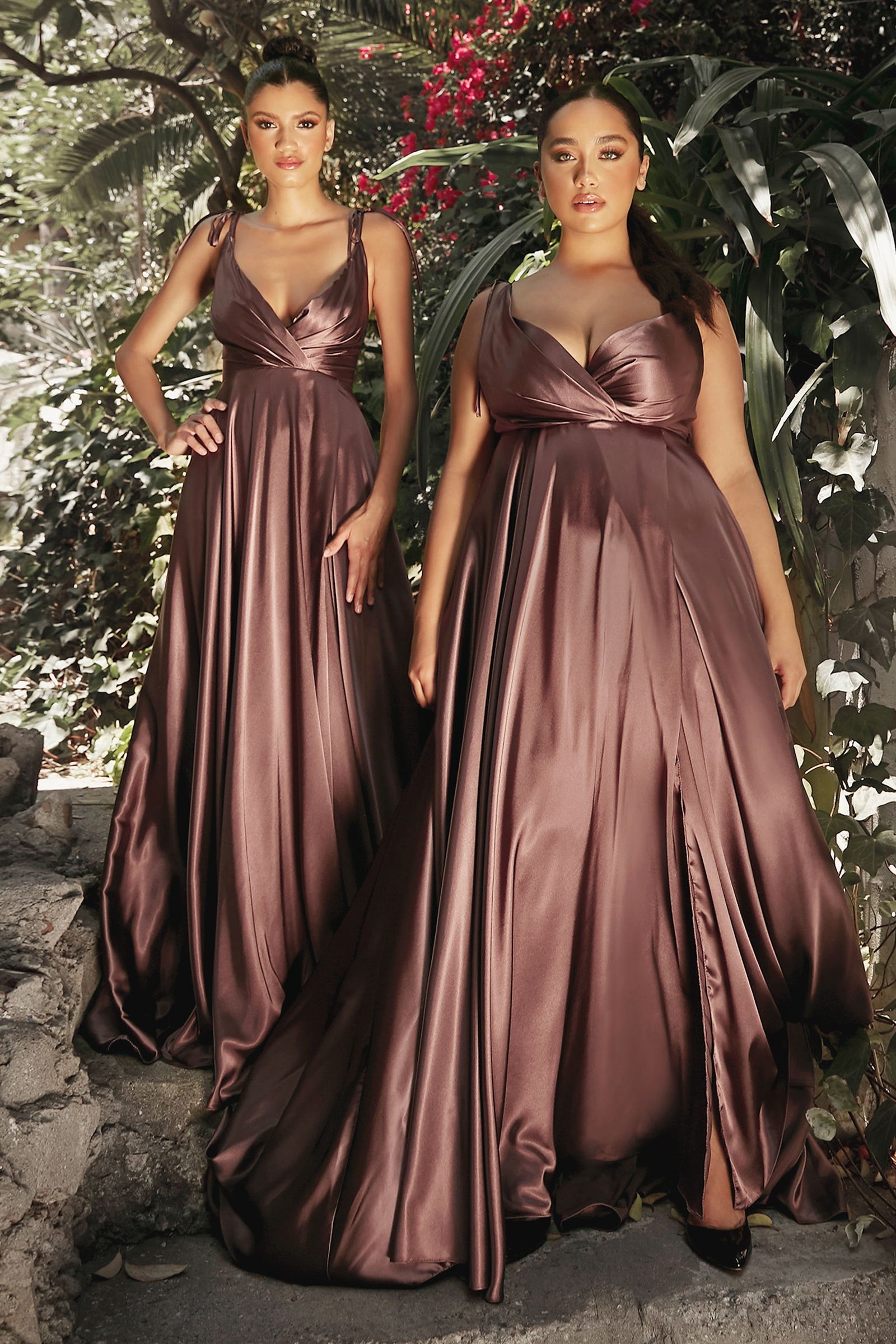 LaDivine BD105 Long Pleated Slit Formal A Line Dress in Mahogany