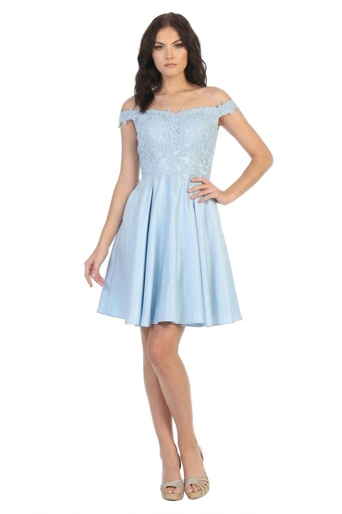 Baby/Blue Off-Shoulder Short Satin Cocktail Dress Lace May Queen MQ1766