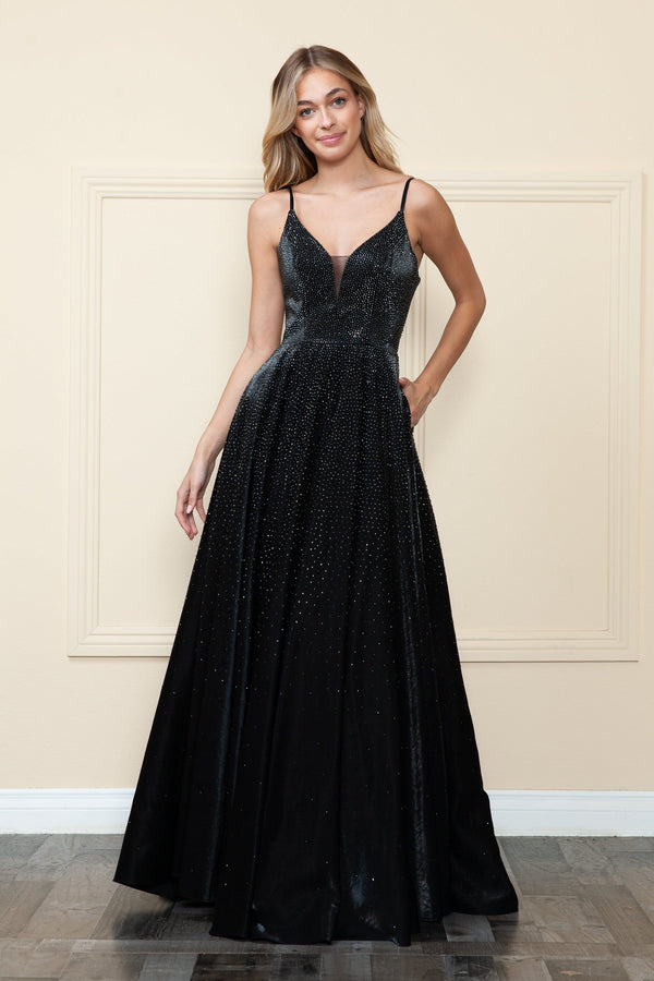 V-Neck Floor-Length Sequin Prom Dress with Side Slit Poly USA 8888